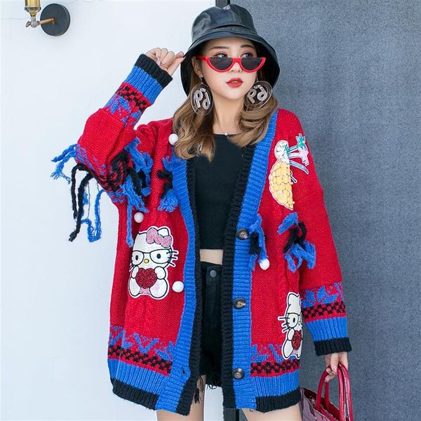 

fall 2021 women oversized cardigan loose sequins cartoon kawaii sweater casual knitted v neck sweater outwear coats clothing, White