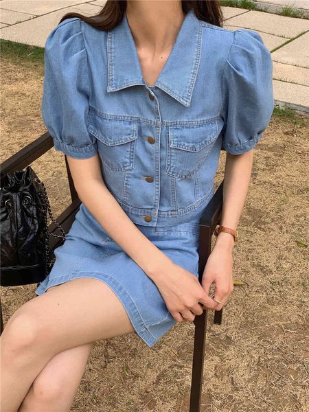 

denim suit jacket age reduction two-piece summer fashion casual short skirt 210525, White