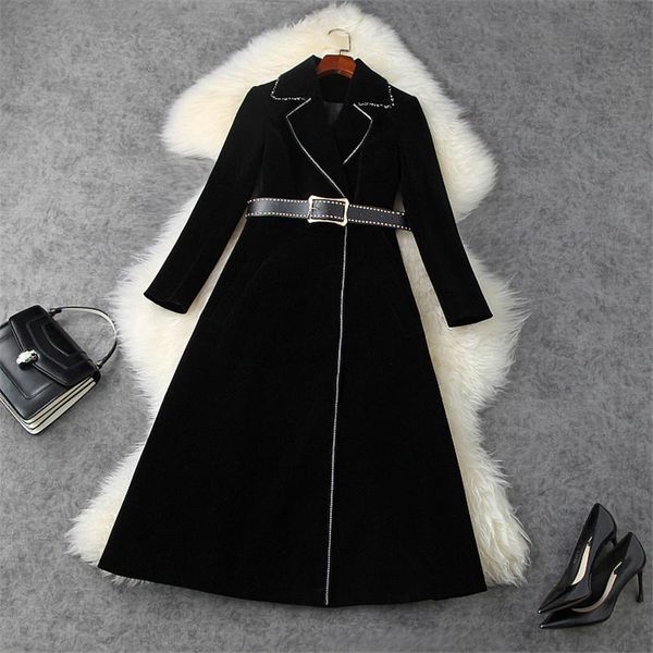 

women's trench coats runway fashion winter long velour coat for women turn down collar beading outerwear celebrity party vestid, Tan;black