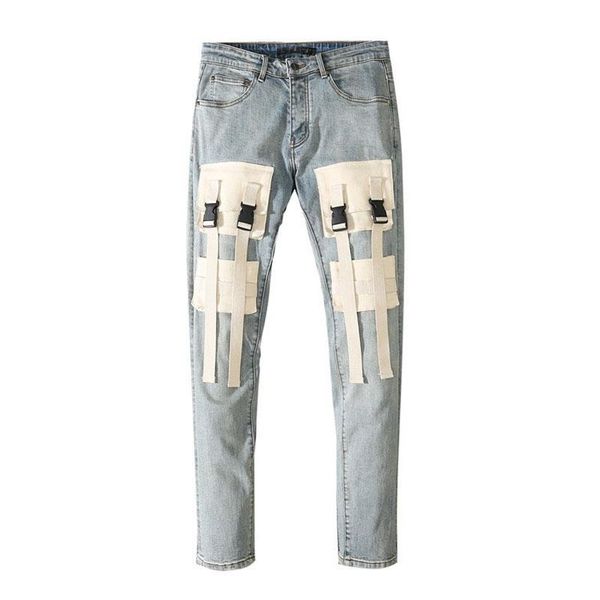 

men's jeans male trousers 2021 dismantling applique destroying old slim-fit with small feet high street denim pants, Blue