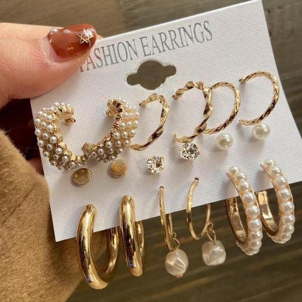 

hoop & huggie fashion pearl earrings set for women geometirc gold metal circle round earing brincos jewelry gift selling 2021, Golden;silver