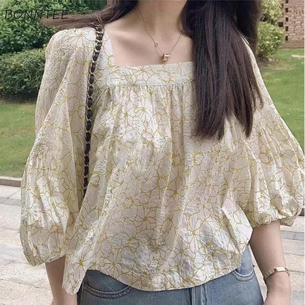 

women's blouses & shirts women print cropped stylish basic lantern sleeve square collar ulzzang sweet leisure loose summer all-match fe, White