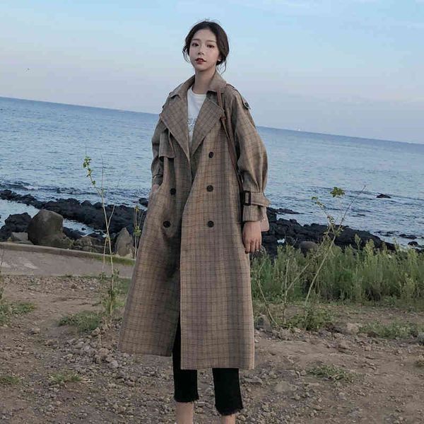 

women's trench coats korean style ladies plaid long double breasted belted oversize loose women duster outerwear with storm flaps, Tan;black