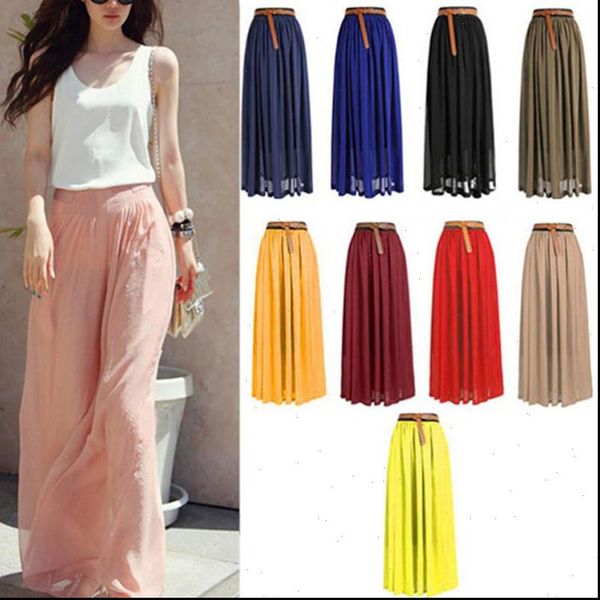 

new fashion wholesale women chiffon long skirts candy color pleated maxi size drop shipping good quality, Black