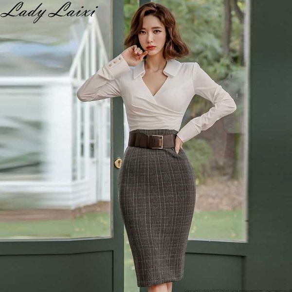 

women bandage bodycon long sleeve office ol work dress ladies patchwork plaid dresses female clothing with sashes 210529, Black;gray
