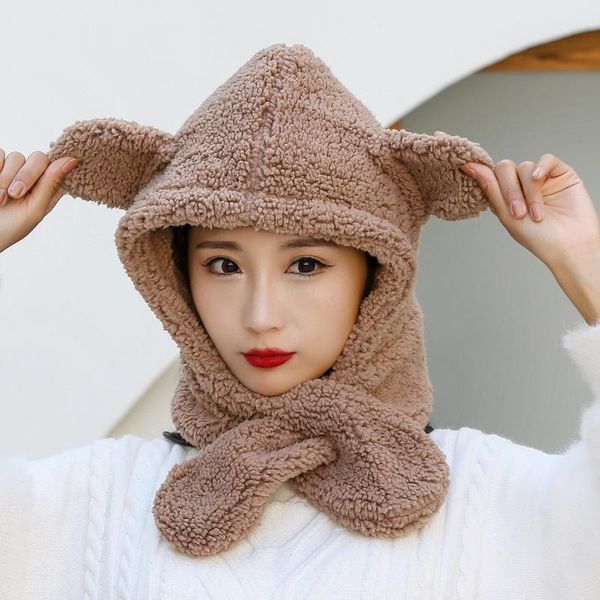 

beanies women autumn winter thick warm scarf cap hats cute lady neck outdoor with ear hat for