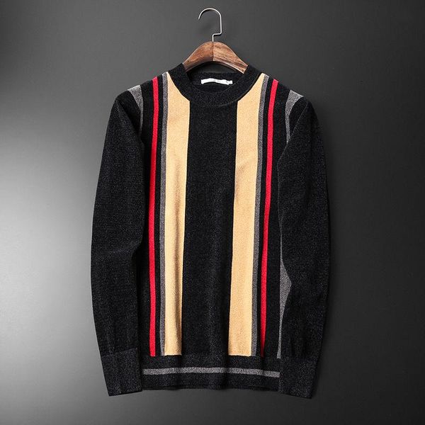 

fit luxury men's slim lapel striped knitted sweater men heren sweater long sleeve o-neck pull homme for men high quality, White;black