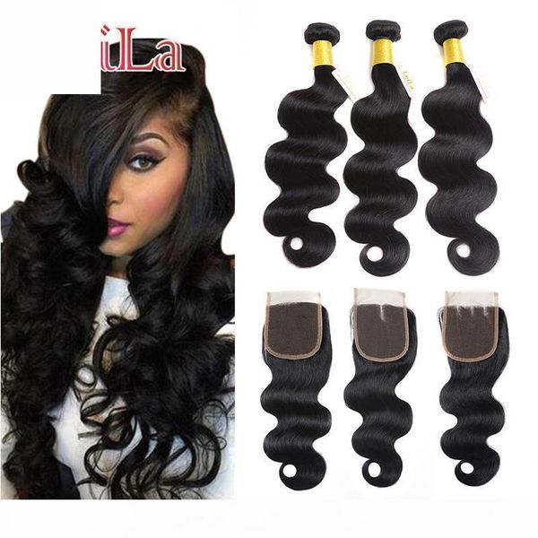 

malaysian body wave hair bundles with lace closure 4pieces unprocessed human hair remy hair weaves 3 bundels get one closure, Black;brown