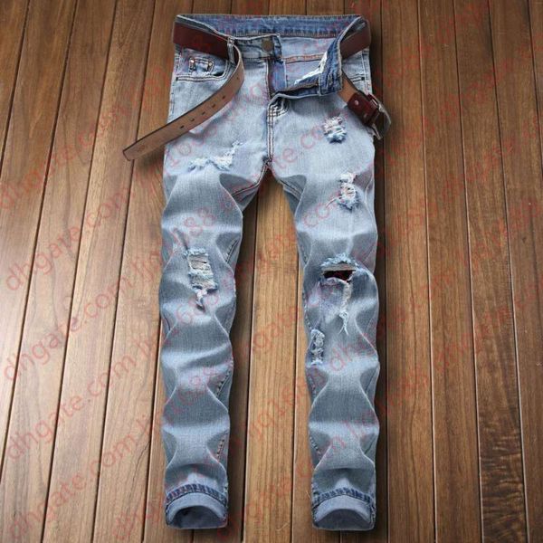 

motorcyclist jeans men jeans wear men men's ripped skinny gray light blue stretch high street wear hip-hop patchwork