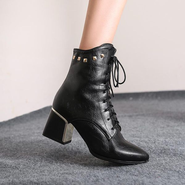 

boots women ankle pu short plus size 22-26.5cm european and american pointed rivet lace-up winter shoes for, Black