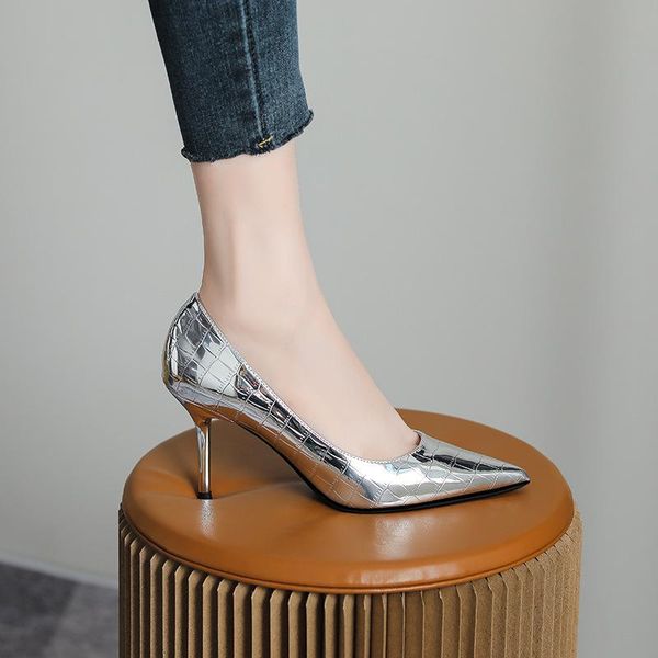 

dress shoes fashion high heels patent leather shallow mouth plus size for women 41 42 43, Black