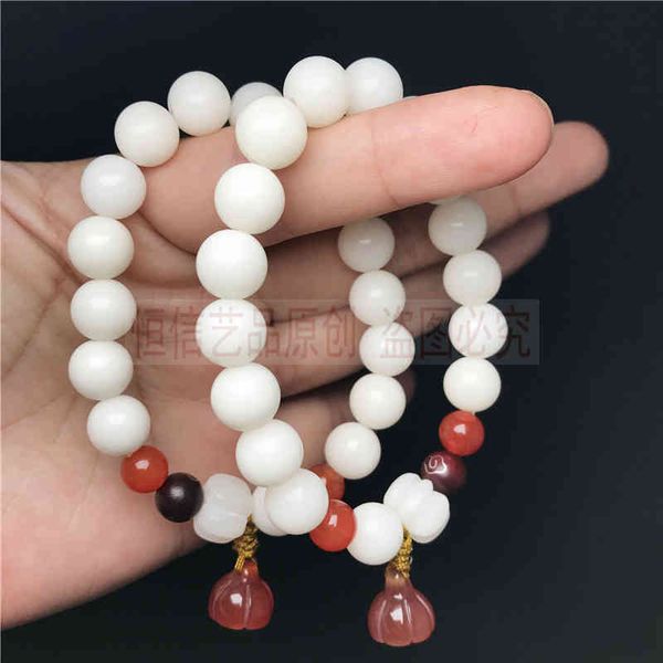 

chinese-style products hengxin art natural white bodhi root round bead bracelet women's red agate lotus pod single ring buddha beads