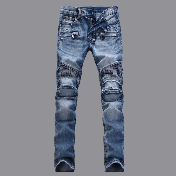 

men's jeans light pleated slim straight motorcycle pants, Blue