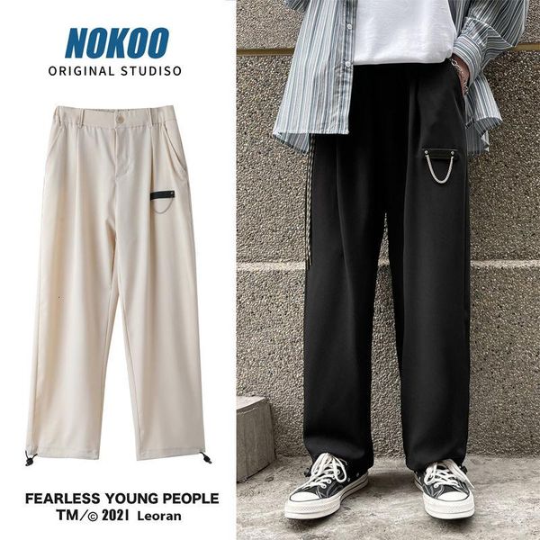 

korean wide leg pants men's fashion chain casual pants men streetwear loose hip-hop straight mens trousers large size, Black
