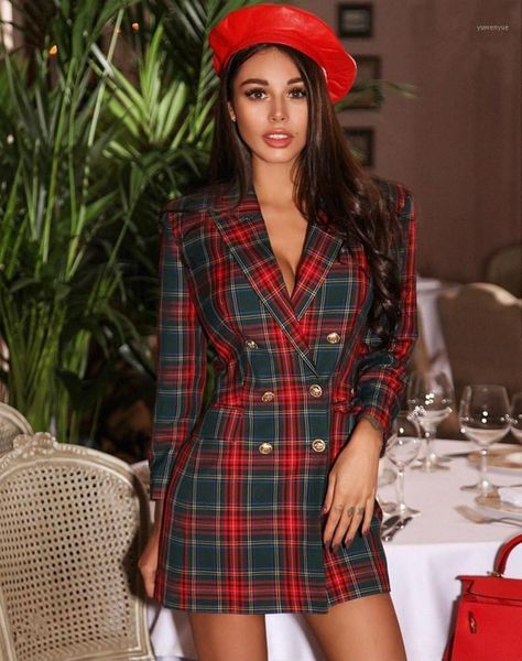 

casual dresses uguest women suits dress plaid blazer jacket suit double breasted notched button elegant autumn outfit female xmas, Black;gray