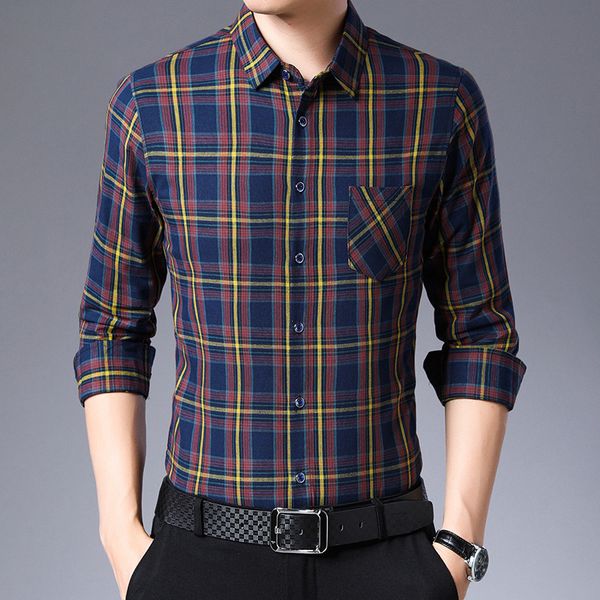 

2021 long sleeve spring and autumn mercerized cotton shirt frosted plaid shirt busins men's wear british leisure trend, Black