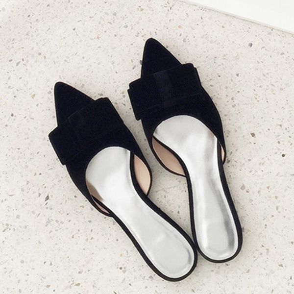 

slippers 2021 spring tip flat semi-trailer outer wear baotou muller shoes bow female summer, Black