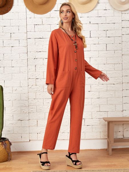 

emery rose solid single breasted pocket patched jumpsuit i7xl#, White