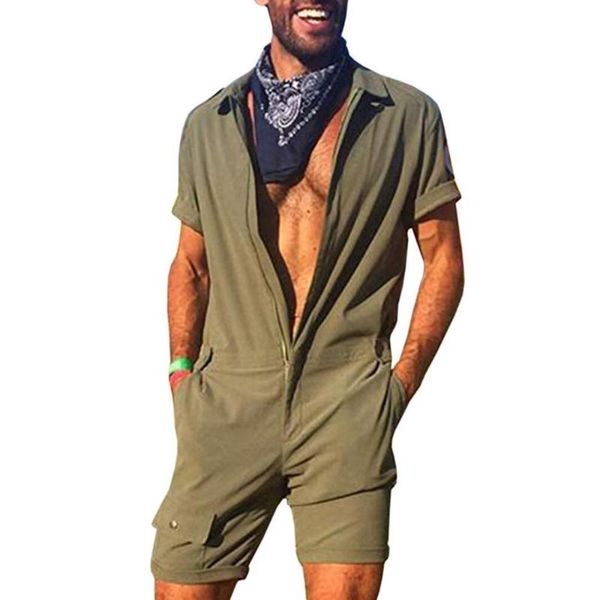 

men's tracksuits summer men cargo overalls short-sleeved jumpsuits pure color joggers button up pocket streetwear casual mens shorts pa, Gray