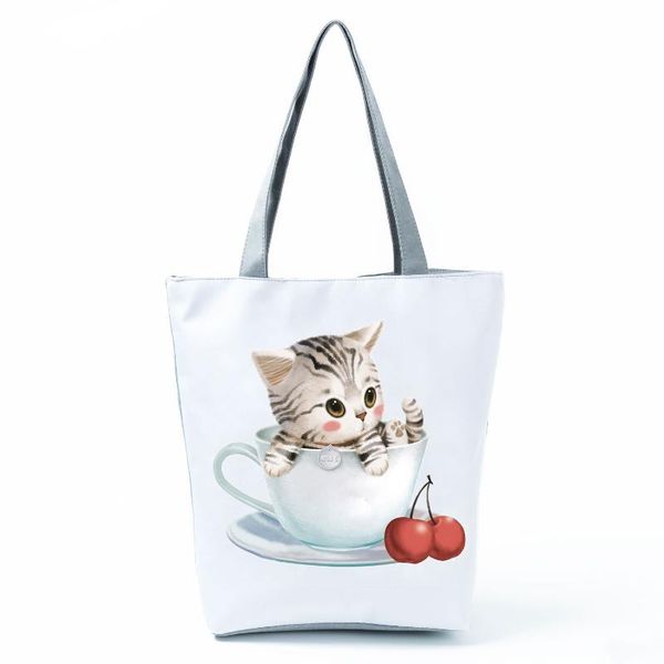 

evening bags teacup cat cherry print handbags cute cartoon shoulder bag all-match women casual eco friendly tote high capacity travel