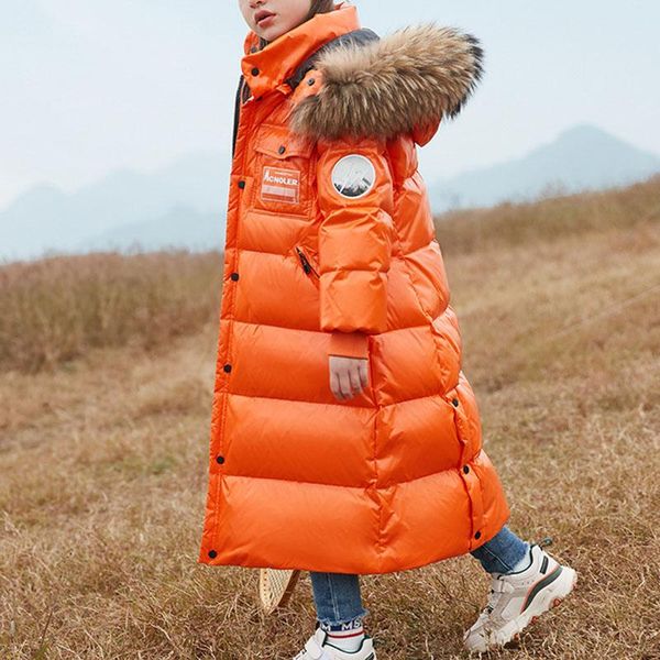 

down coat 2021 children jacket for girls winter long overcoat fur collar warm cotton kids clothes hooded jackets, Blue;gray