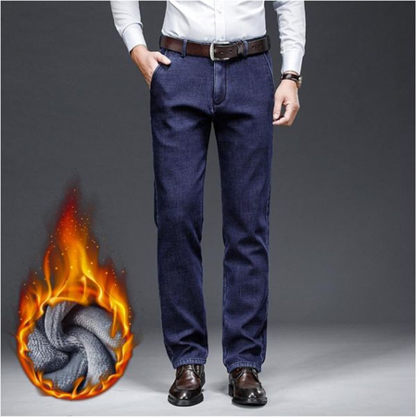 

men's jeans 2021 fall winter straight cylinder loose shaker fleece men keep warm in add wool jeans/male large size 28-42 casual, Blue