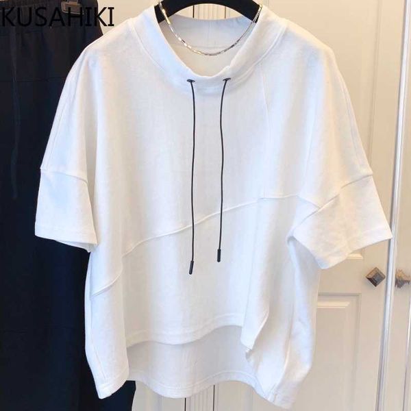 

kusahiki causal split graphic tee korean drawstring o-neck short sleeve woman t shirts summer solid shirt 6h575 210602, White