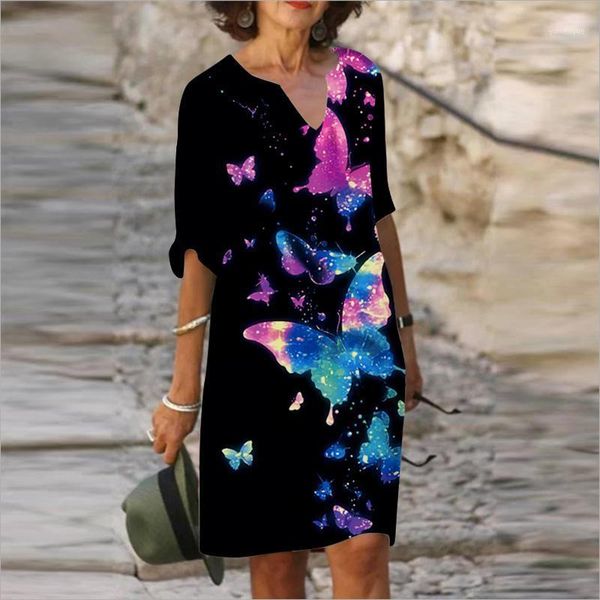 

casual dresses dress women mid-sleeve v-neck floral print knee-length a-line plus size party midi autumn, Black;gray