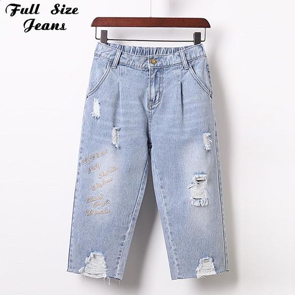 

women's jeans plus size letter embroidery ripped fringe capris mom 4xl 5xl summer elastic waist harajuku bf calf length denim bermudas, Blue