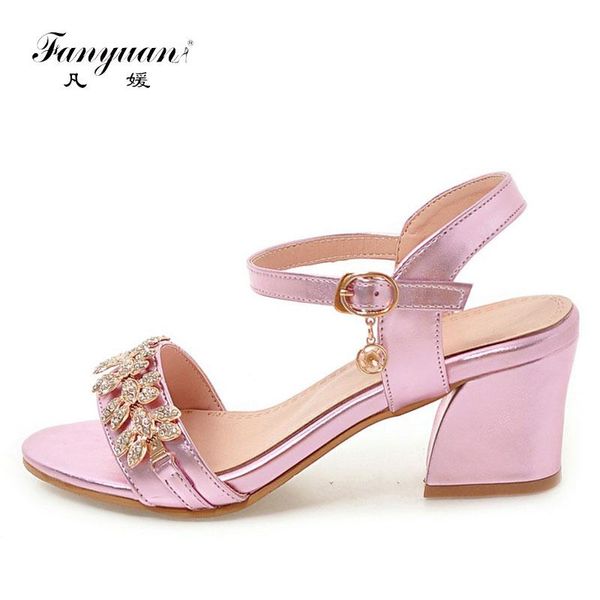

dress shoes fanyuan summer sandals for women beautiful rhinestone high thick heels sandalias mujer big size 32-43 party lady gold, Black