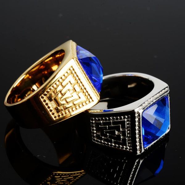 

cluster rings casual men ring red blue black big square cz stone 316 stainless steel gold color daily male alliance jewelry not fade in wate, Golden;silver