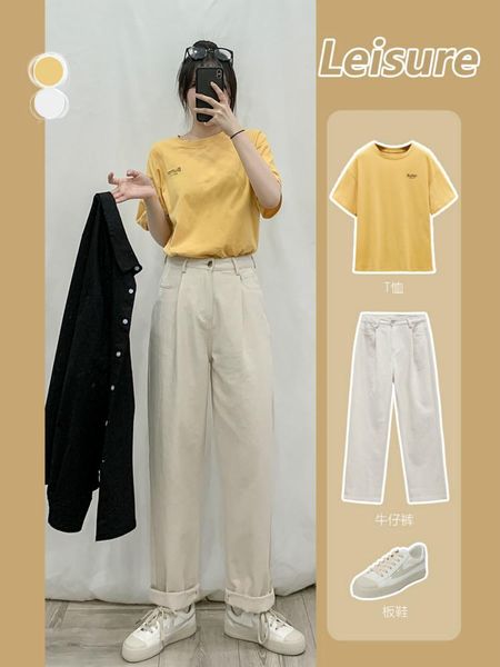 

women's tracksuits 2021 apricot jeans women spring straight loose high waist was thin pants fashion yellow t-shirt 2/3 piece set, Gray