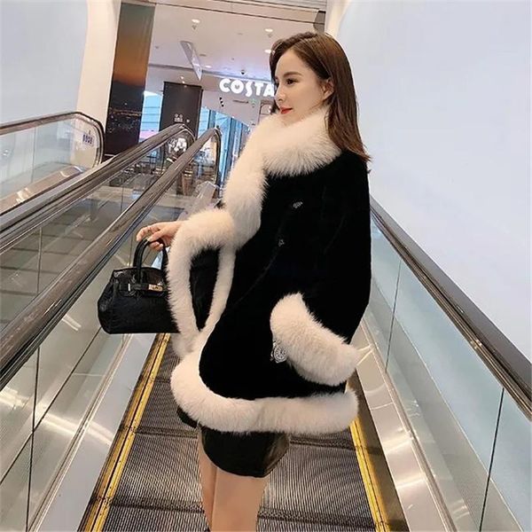 

women's fur & faux imitation coat 2021autumn winter female mid-length ladies fashion plush outwear loose clothing jacket, Black