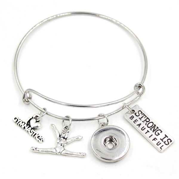 

wholesale i love gymnastics bracelet gymnast charm bangle sport bracelet gifts jewelry adjustable snap button bracelet snap jewelry, Golden;silver