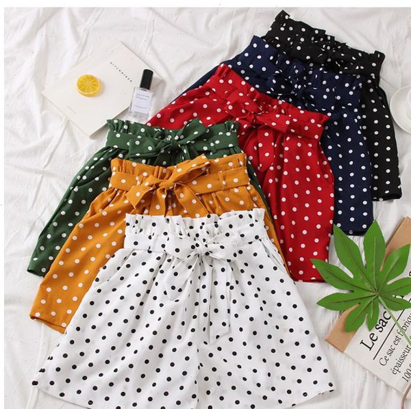 

2021 fashion polka dot chiffon shorts women summer new high waist sweet bow tie shorts drop shipping, White;black