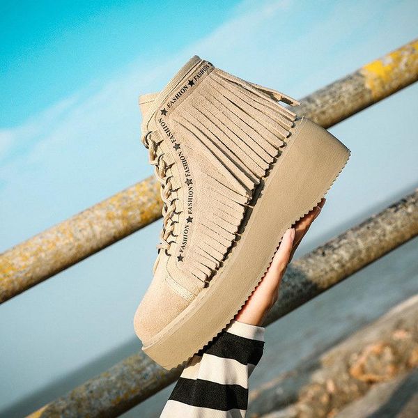 

boots 2021 british wind thick bottom shoes female tassel winter soft suede leather short, Black