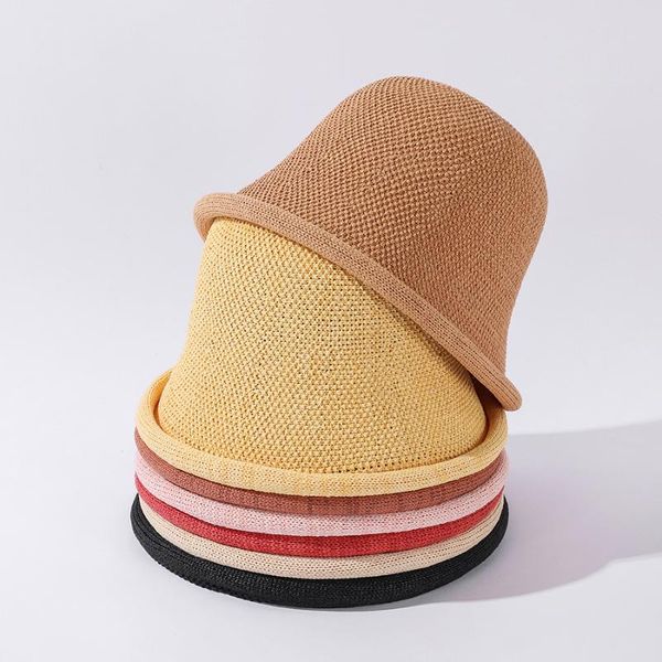

wide brim hats sping breathable linen knitting roll hem dome bucket hat for women girl fisherman basin cap designer accesories maxsiti u, Blue;gray