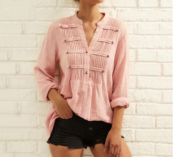 

solid white pink shirt women elegant blouse cotton linen pleated long sleeve v-neck 2021 autumn casual female blouse shirt