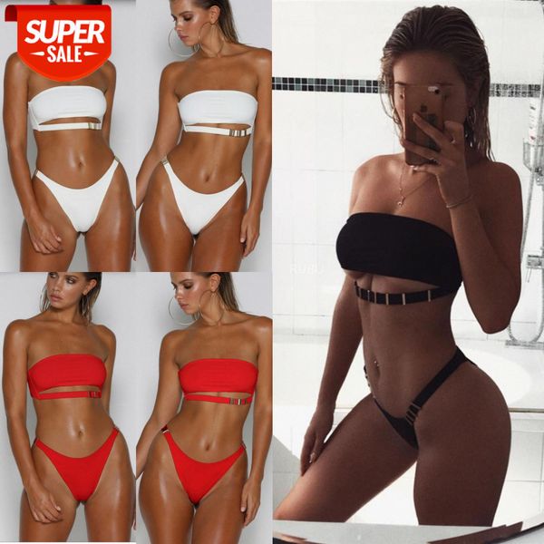 

bathing suits metal buckle ladies split swimsuit solid color bandage bikini 973 #ub57, White;black