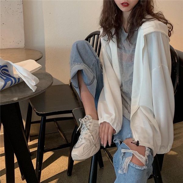 

women's jackets zippers spring and autumn style coat white loose clothing puff sleeve casual korean hooded thin ladies, Black;brown
