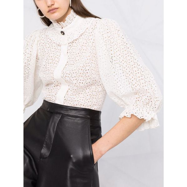 

2021 spring long sleeve stand neck white pure color cotton embroidery buttons short blouse women fashion shirt 21g12