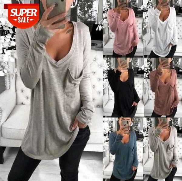 

Deep V-neck Sexy Long Sleeve Solid Color T-shirt Autumn Long Fashion Casual Loose Cotton Pocket Pullover Top 2020 New Plus Size #Vi4U, White