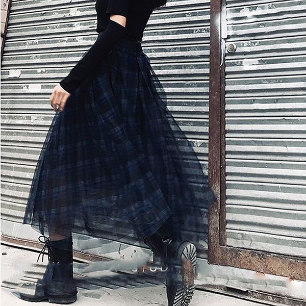 

plaid patchwork mesh womens skirts high waist hit color elegant a line skirts female 2021 spring fashion new, White