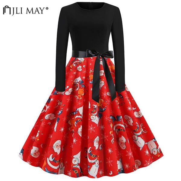 

casual dresses jli may patchwork printed dress christmas party red formal women vintage elegant sashes o-neck a-line knee-length, Black;gray