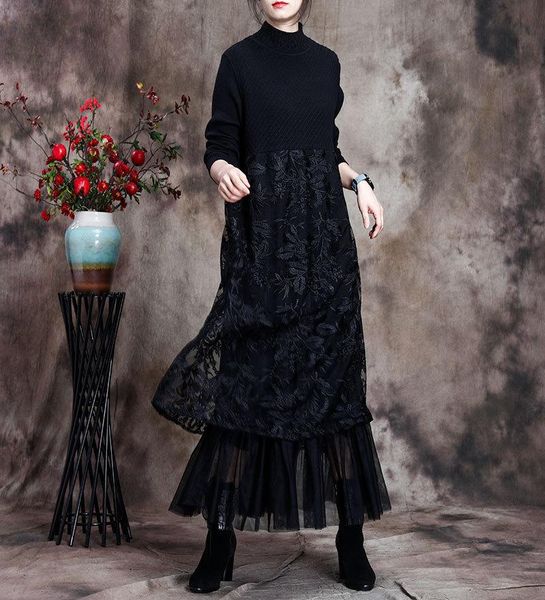 

casual dresses luxury sweater lace long dress women's knitted stitching temperament slim maxi base autumn winter elegant korean japan v, Black;gray