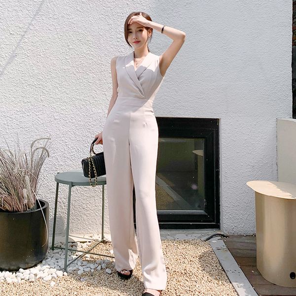 

elegant 2021 business sleeveless jumpsuits women new wide leg long playsuits casual office lady work wear rompers 9ny5, Black;white