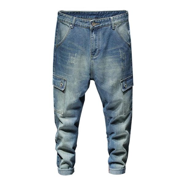 

men's jeans harem pants men light blue baggy man loose fit fashion side pockets streetwear casual trousers