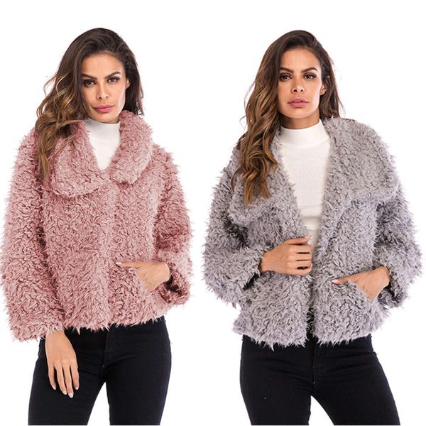 

autumn and winter solid lapel woolen women's warm plush coat, White
