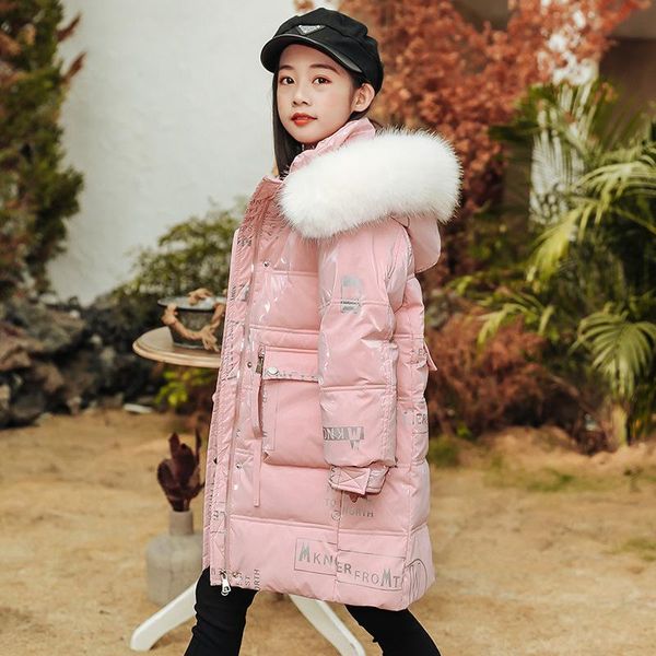 

down coat -30degrees winter fashionable jacket for girls warm thick children bright pink waterproof duck, Blue;gray