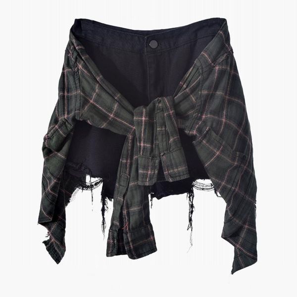 

women's jeans short streetwear women cotton denim high waist loose wide legs fake two-piece knotted retro shorts, Blue